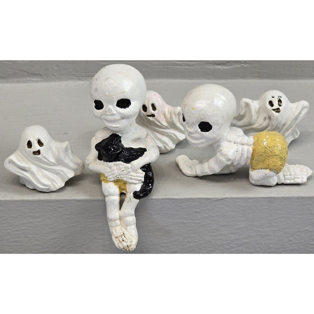 Weird Halloween Skeleton Ghost Lot Figurines Painted Resin Ceramic Repair Unique